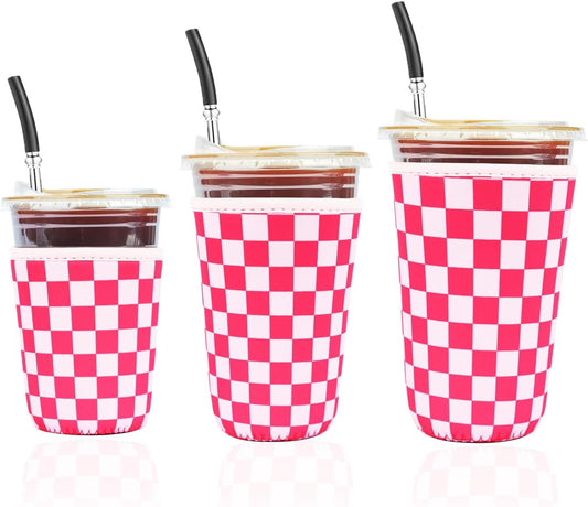 Reusable Insulated Neoprene Iced Coffee Cup Sleeve, Durable Drink Sleeve for Cold Beverages, Beverage Holder for Iced Coffee, Pink Grid