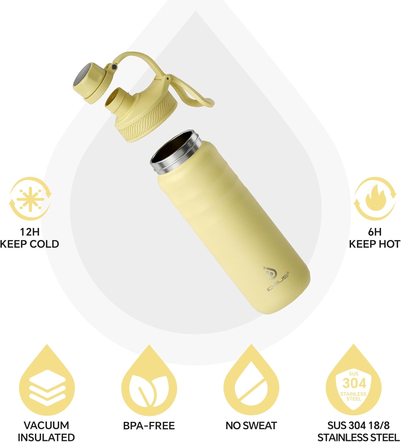 IDEUS Insulated Stainless Steel Water Bottle with 2 Leak-Proof Lids, Thermal Water Flask for Hiking Biking, 24oz, Light Yellow