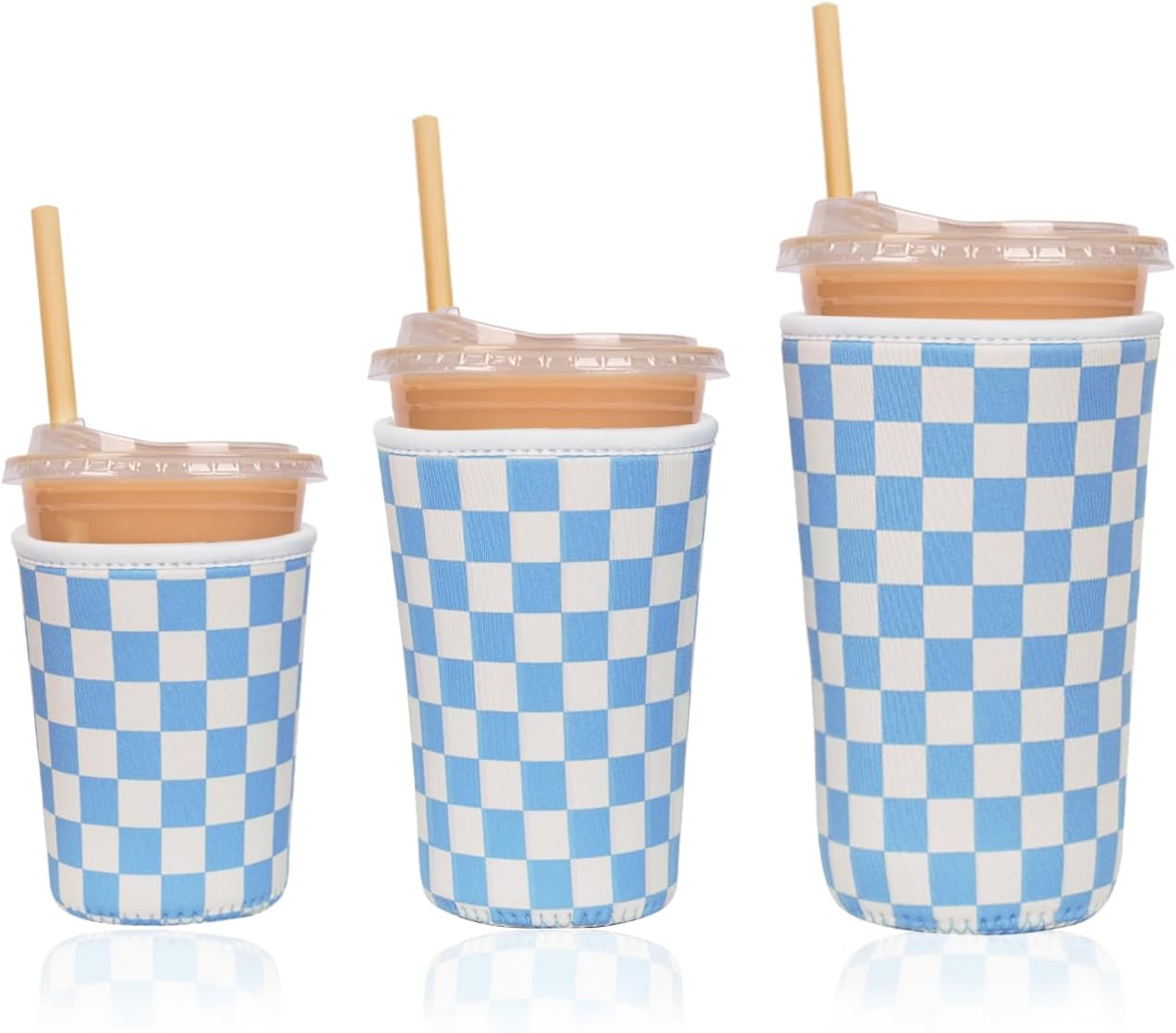 Reusable Insulated Neoprene Iced Coffee Cup Sleeve, Durable Drink Sleeve for Cold Beverages, Beverage Holder for Iced Coffee, Blue Grid