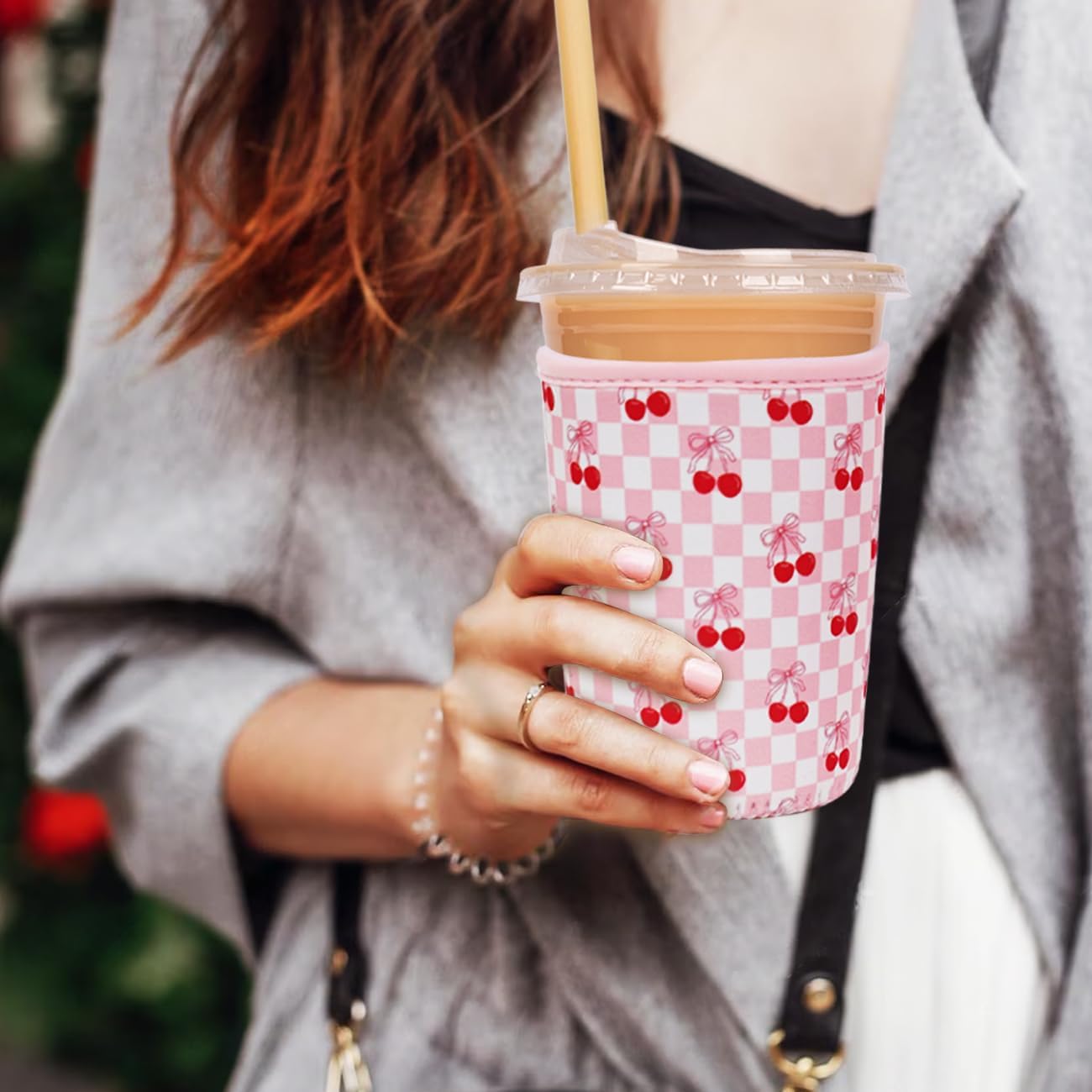 Reusable Insulated Neoprene Iced Coffee Cup Sleeve, Durable Drink Sleeve for Cold Beverages, Beverage Holder for Iced Coffee, Sweet Cherry