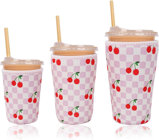 Reusable Insulated Neoprene Iced Coffee Cup Sleeve, Durable Drink Sleeve for Cold Beverages, Beverage Holder for Iced Coffee, Cherry Blush