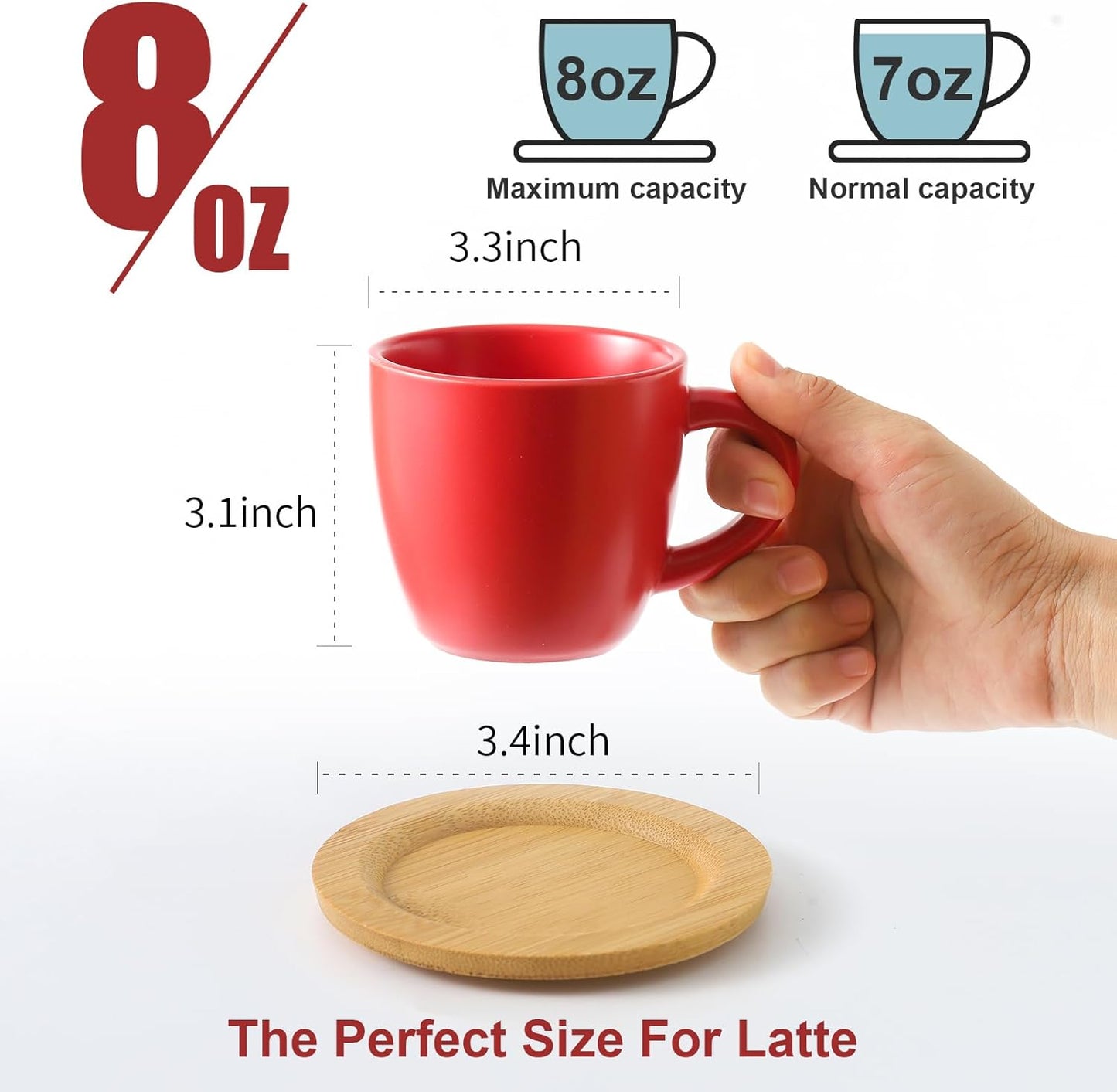 Hasense 8 oz Tea Cups and Saucers Set of 6, Ceramic Coffee Cups with Handle, Latte, Cappuccino, Espresso, Stackable for Party, Home and Kitchen, Red