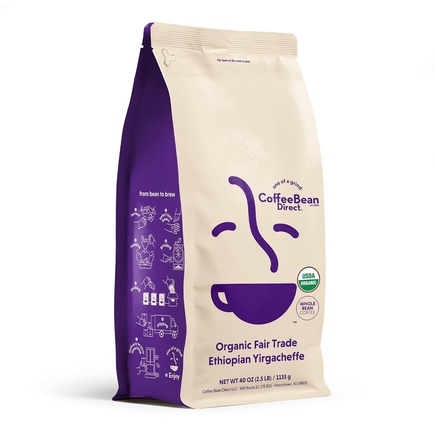 Coffee Bean Direct Organic Fair Trade Ethiopian Yirgacheffe, Whole Bean Coffee, Light Roast, 2.5 Pound Bag (Pack of 1)