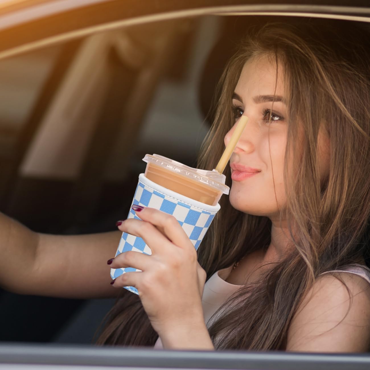 Reusable Insulated Neoprene Iced Coffee Cup Sleeve, Durable Drink Sleeve for Cold Beverages, Beverage Holder for Iced Coffee, Blue Grid