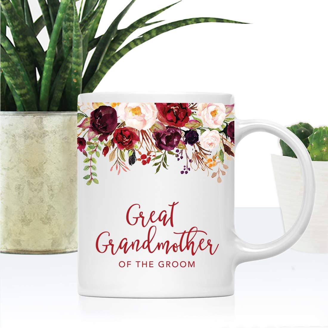 Andaz Press 11oz. Wedding Ceramic Coffee Tea Mug Gift, Fall Autumn Marsala Burgundy Flowers Roses Florals, Great Grandmother of the Groom, 1-Pack, Includes Gift Box
