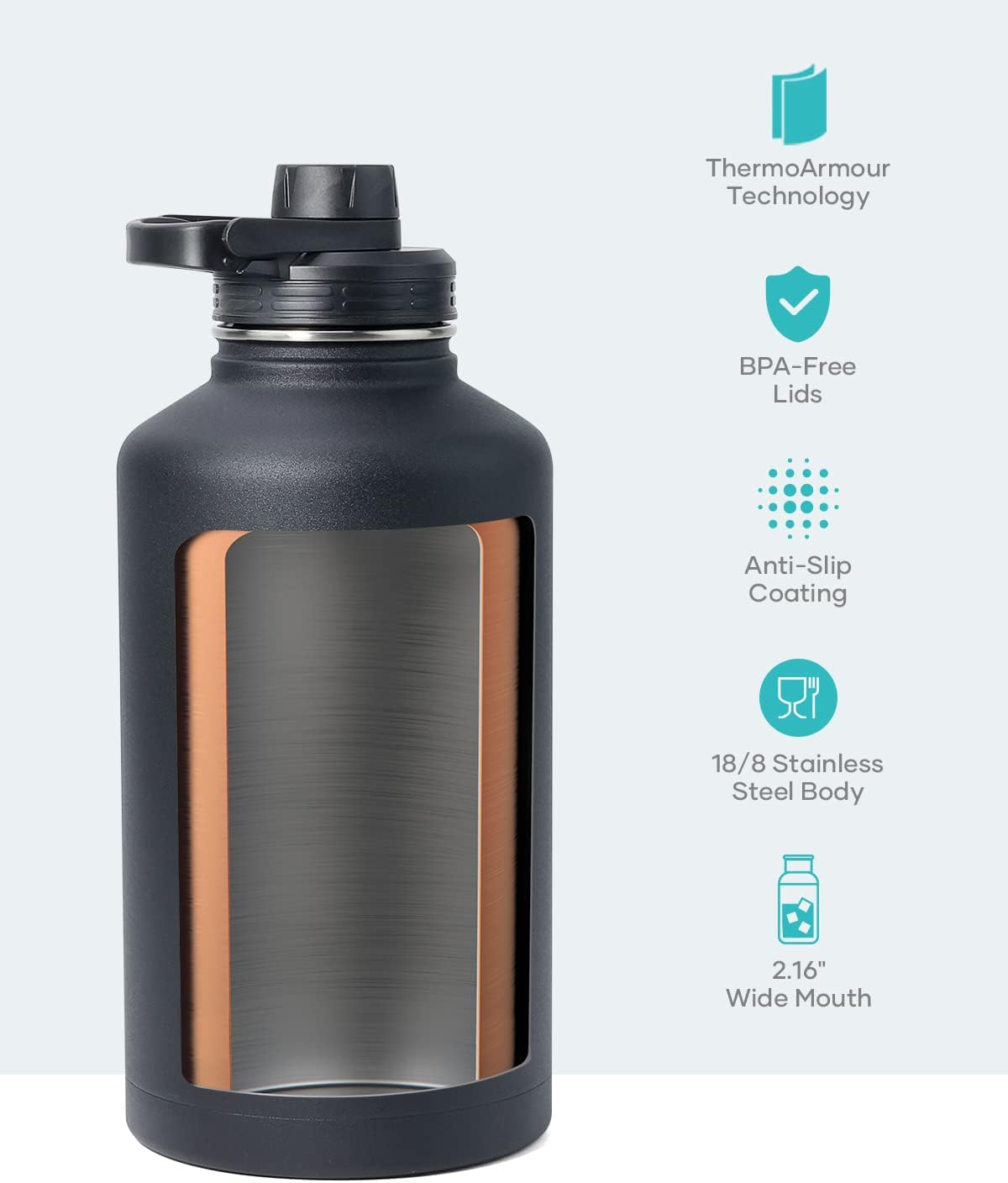 BUZIO 64 oz Water Bottle Insulated with Straw & 3 lid and Carrying Pouch, Leak Proof Half Gallon Stainless Steel Water Flask Jug, Cold for 48 Hrs Double Vacuum Thermo Canteen, BPA-Free, Black