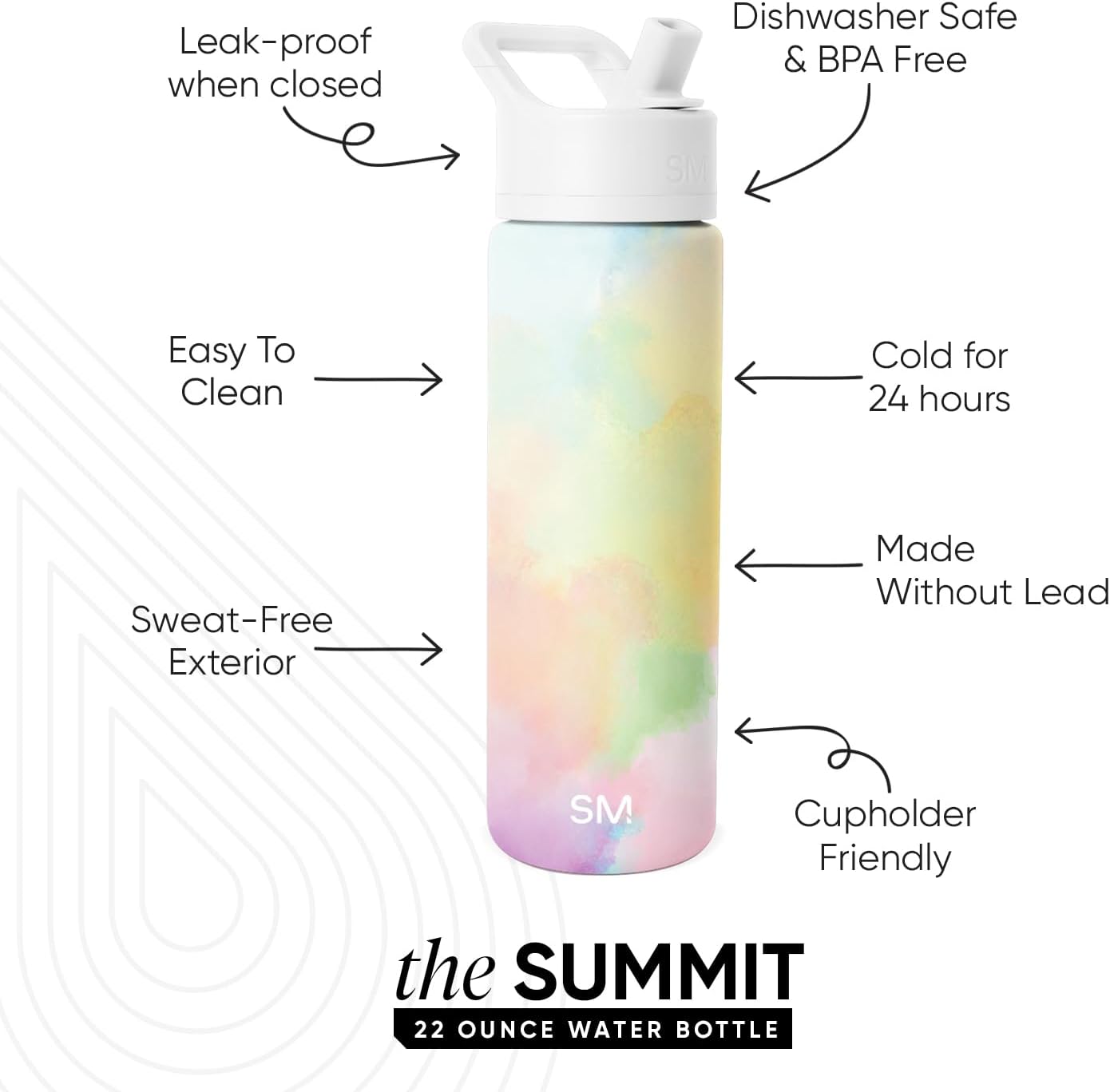 Simple Modern Water Bottle with Straw Lid | Vacuum Insulated Stainless Steel Metal | Reusable Leak Proof BPA-Free Cup for School | Summit Collection | 22oz, Cotton Candy Tie Dye