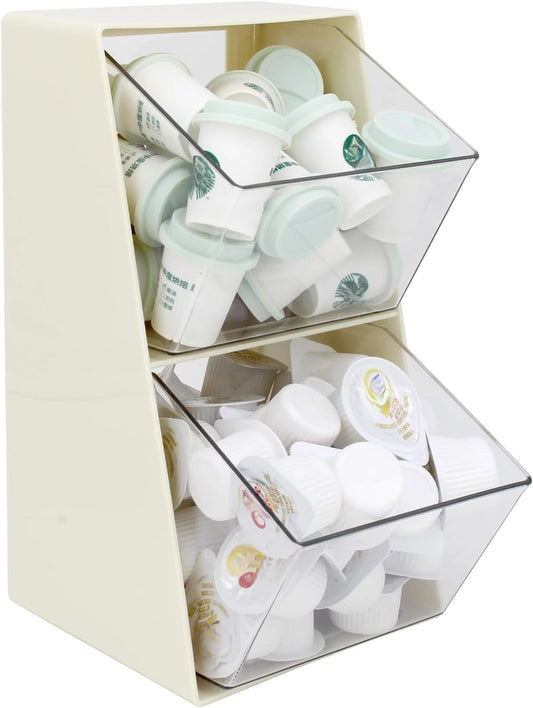 Bokelai Coffee Pod Holder with 2 Large Capacity Basket K Cup Storage Container Coffee Bar Accessories for Creamer Suger Plastic Desk Box Tea Bag Organizer Creamy White/Clear