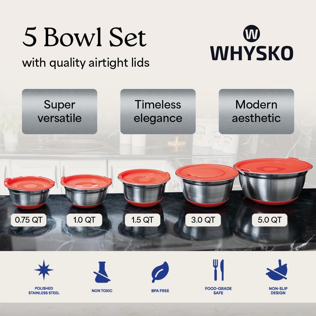 WHYSKO Stainless Steel Mixing Bowls with Lids Set - 5 Rustproof Metal Nesting Mixing Bowls for Kitchen, Meal Prep, Baking, Cooking, Storage - Includes 3 Grater Attachments, Dishwasher Safe