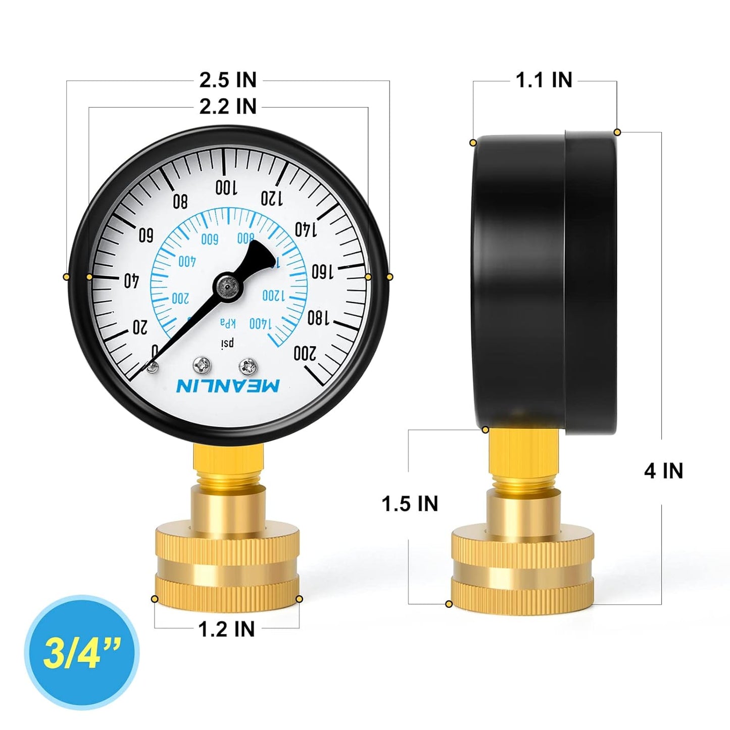 MEANLIN MEASURE 0-200Psi Water Pressure Gauge, 3/4" Female 2.5" FACE DIAL Water Pressure Test Gauge, Water Pressure Gauge for Home with Sealing Ring