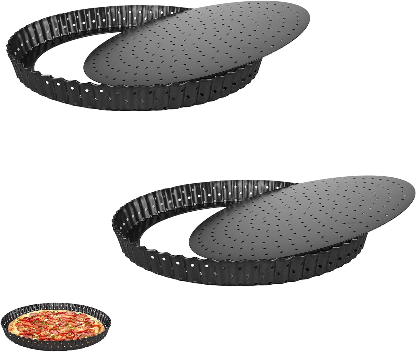 2Pcs Tart Pan 9 Inch Removable Bottom, Non-Stick Quiche Pan with Perforated Holes, Carbon Steel Quiche Baking Dish Fluted Tart Mold for Pies, Tarts and Quiche Baking