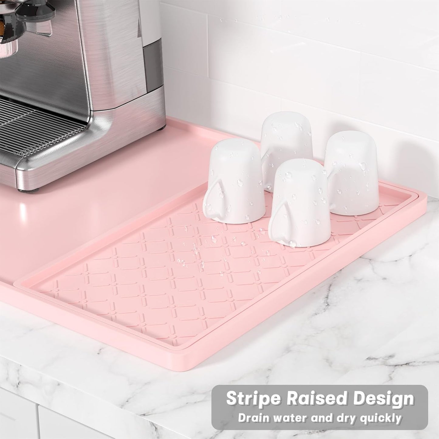 Rnivvi Silicone Coffee Mat, 16" x 24" Waterproof Raised Edge Coffee Bar Mats for Espresso Machine Station Accessories, Heat Resistant Detachable Dish Drying Pad for Kitchen Counter, Dish Rack, Pink