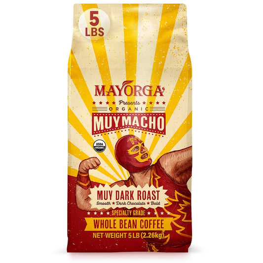 Mayorga Intense Dark Roast Coffee, 5 lb bag - Muy Macho Blend, the World's Strongest Organic Coffee - 100% Arabica Whole Coffee Beans - Bold Flavor - Specialty Grade, Non-GMO, Direct Trade
