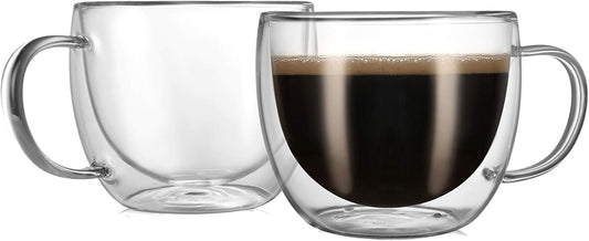 CNGLASS Double Wall Glass Cappuccino Mugs 8.1oz,Clear Insulated Glass Coffee Mug with Handle for Espresso,Latte,Tea,Set of 2