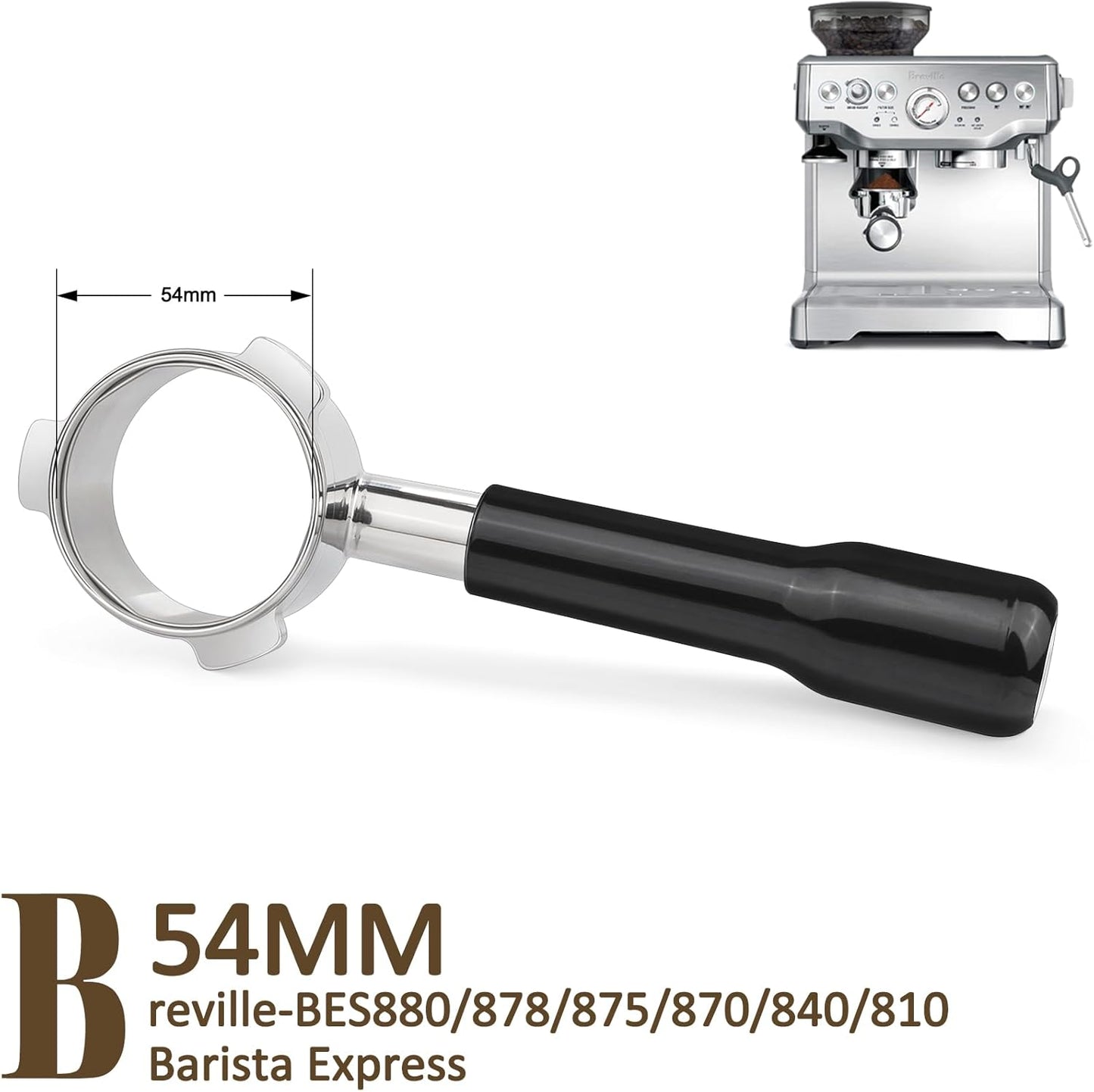 54mm Bottomless Portafilter Compatible with Breville Barista Express, BES870XL, BES870BSXL, BES878BSS, BES880BSS Espresso Machine (ABS Handle-Black)