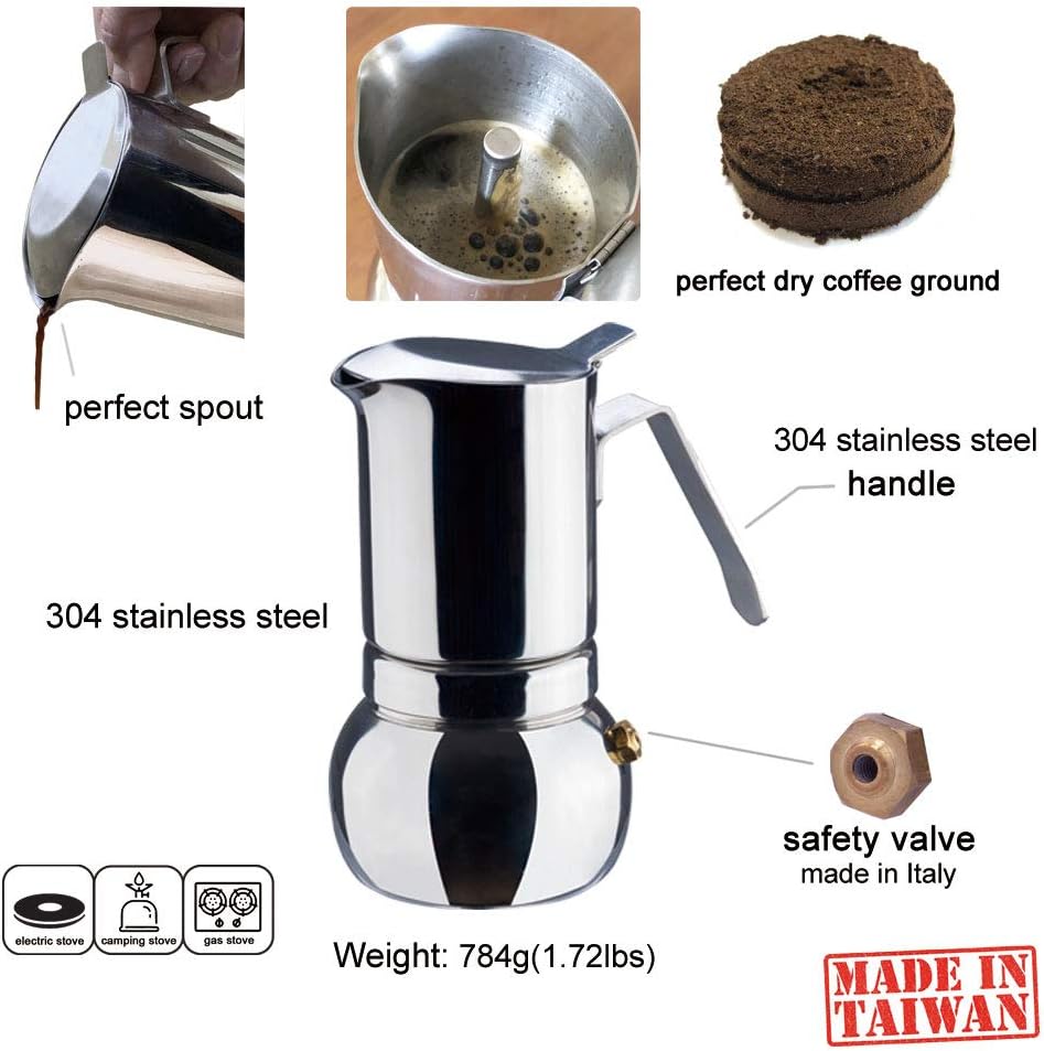 DÉBUT Stainless Steel Italian Espresso Coffee Maker Stovetop Moka Pot Greca Coffee Maker Latte Cappuccino Percolator, 6 Espresso Cup - 10 Oz