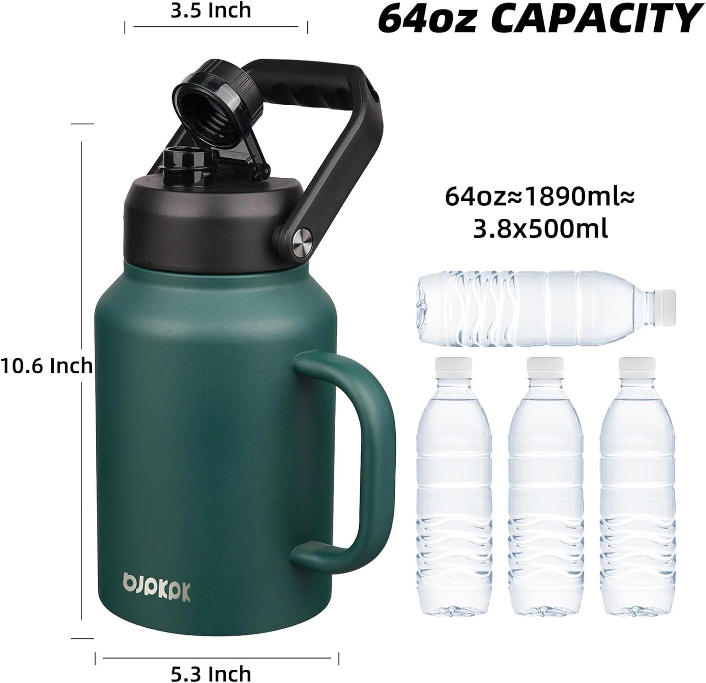 BJPKPK 64oz Insulated Water Bottle with Handle, Large Dishwasher Safe Half Gallon Water Bottle, BPA Free Water Jug, Wide Mouth Metal Water Bottle with Anti-slip Bottom, Keep Cold & Hot, Army Green