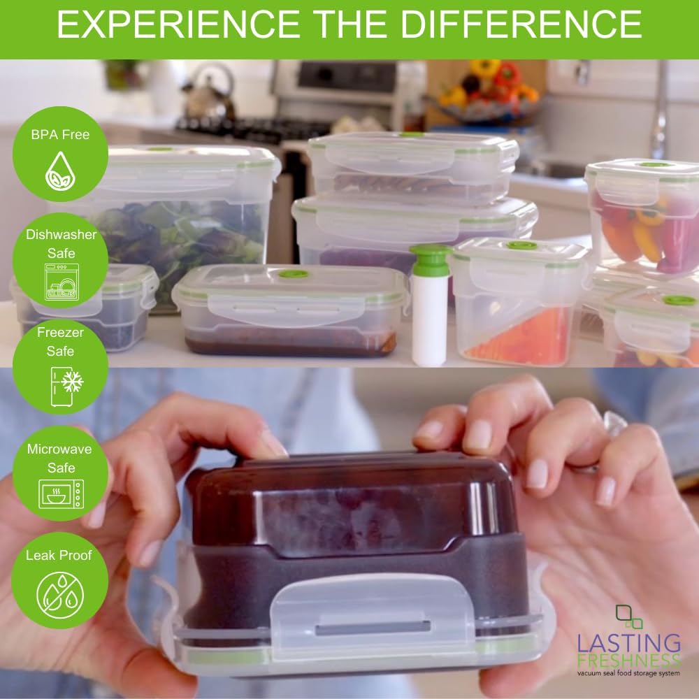 Lasting Freshness 19 piece Vacuum Seal Food Storage Containers with Vacuum Pump, Airtight and Leak Proof, Vacuum Sealed Food Storage Containers, Meal Prep Containers, Keep Food Fresh up to 5 X Longer