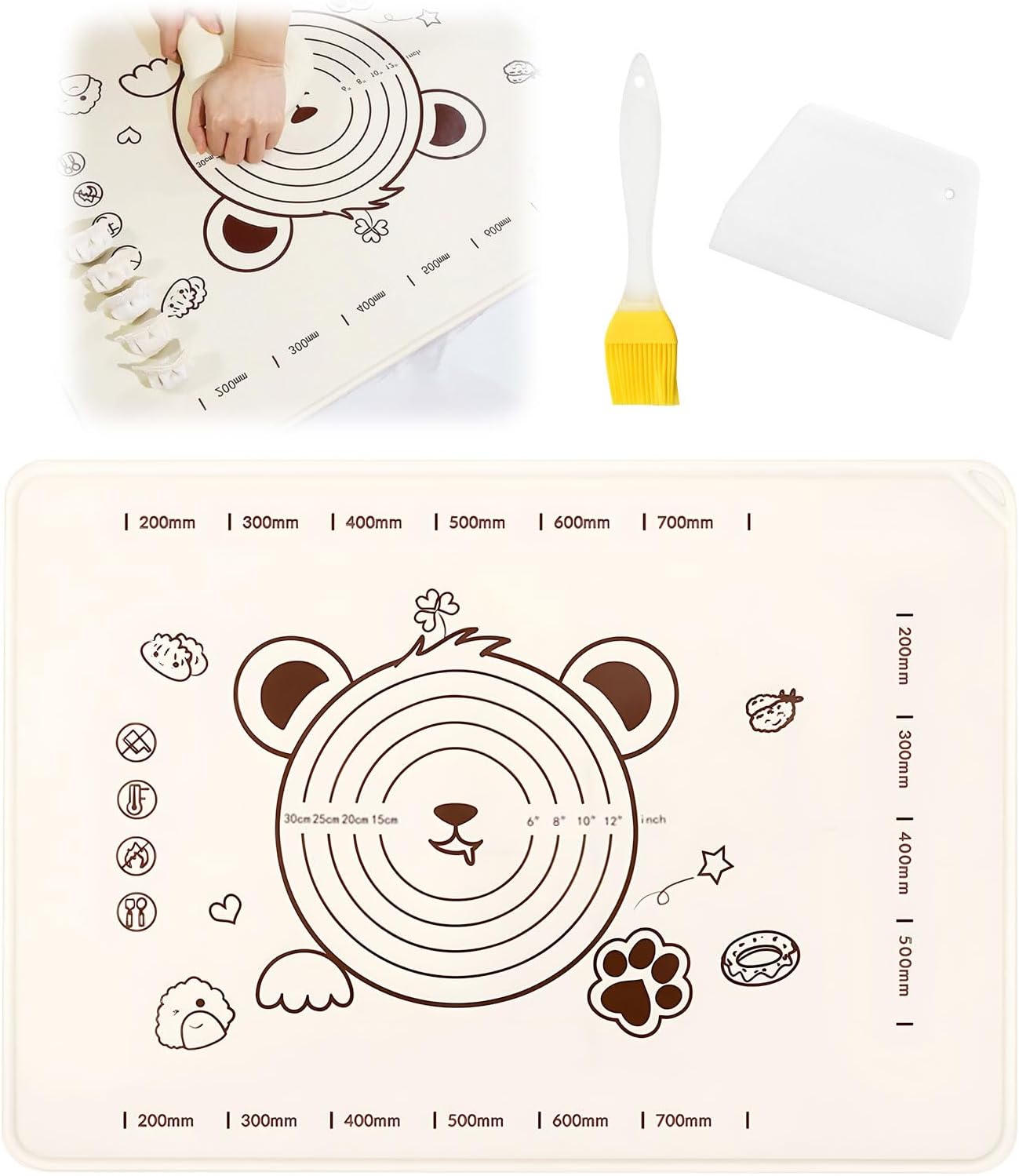 Little Bear Pastry Mat Set:Silicone Pastry Mat with Cake Scraper Rolling Pin Pastry Brush for Baking (standard, count, 3)