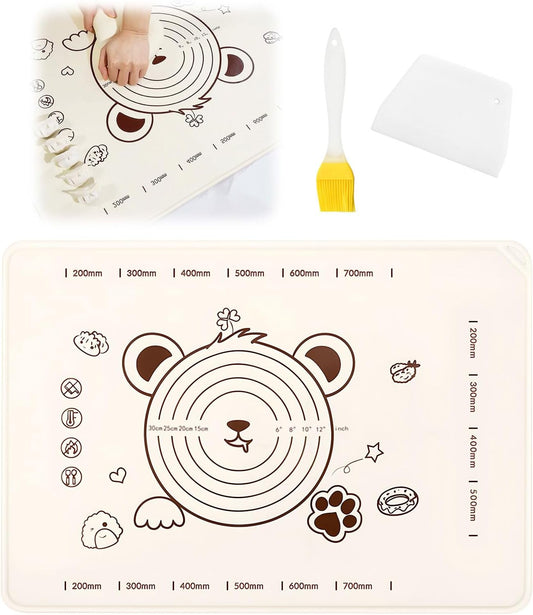 Little Bear Pastry Mat Set:Silicone Pastry Mat with Cake Scraper Rolling Pin Pastry Brush for Baking (standard, count, 4)