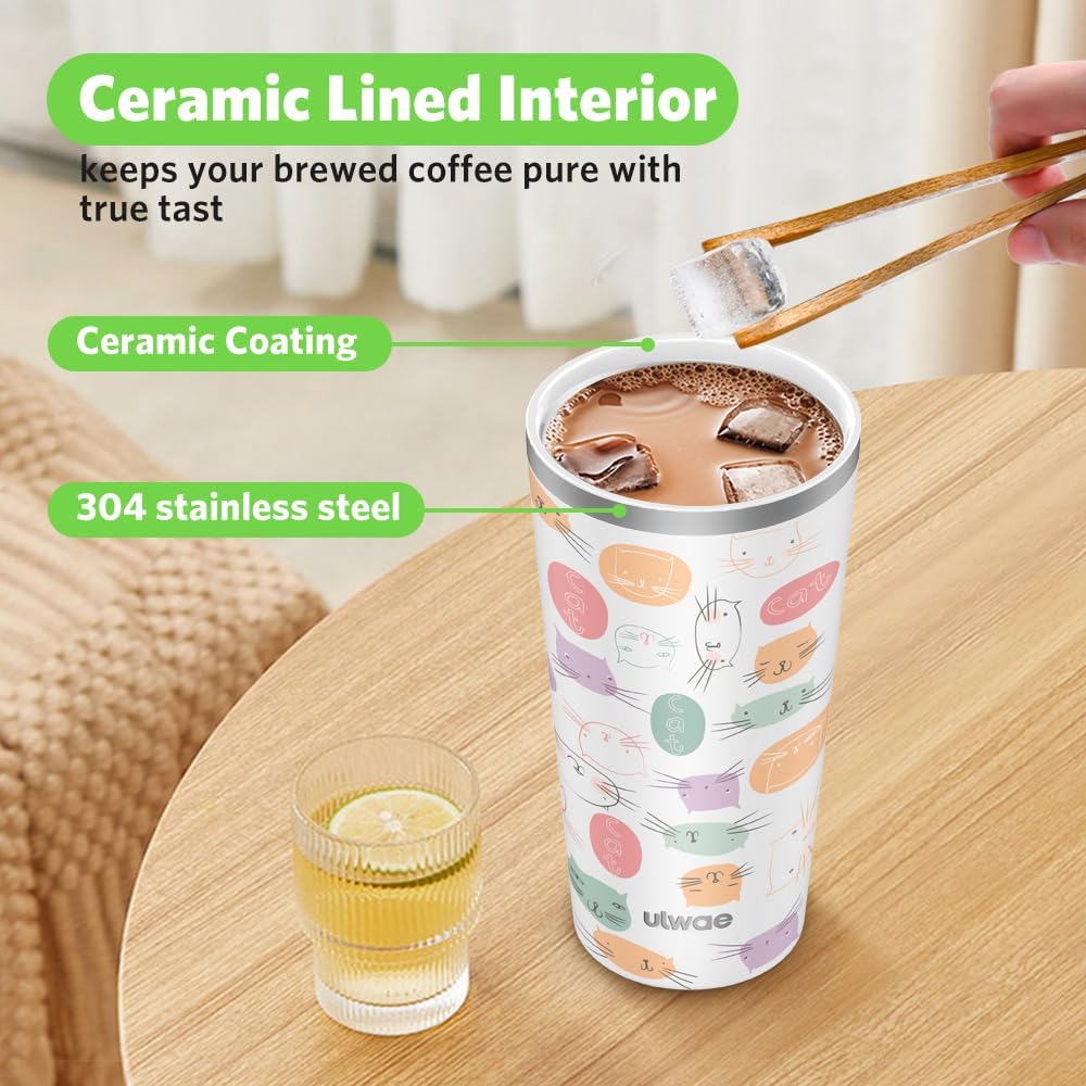 Insulated Coffee Mug with Ceramic Coating, 18oz Travel Mug with Leak-proof Lid, Vacuum Double-wall Tumbler, Stainless Steel Thermal Cup for Tea, Hot Cocoa, Cold Beverage, Ice Drinks