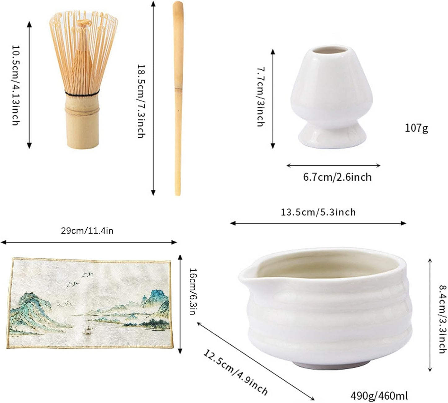 Matcha Whisk Set White, Ceramic Matcha Bowl Set with Bamboo Whisk, Holder, Scoop, Rest, Sifter and Towel – Complete 7 PCS Japanese Matcha Kit, Authentic Traditional Matcha Preparation Set