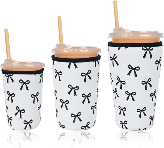 Reusable Insulated Neoprene Iced Coffee Cup Sleeve, Durable Drink Sleeve for Cold Beverages, Beverage Holder for Iced Coffee, Black Bow