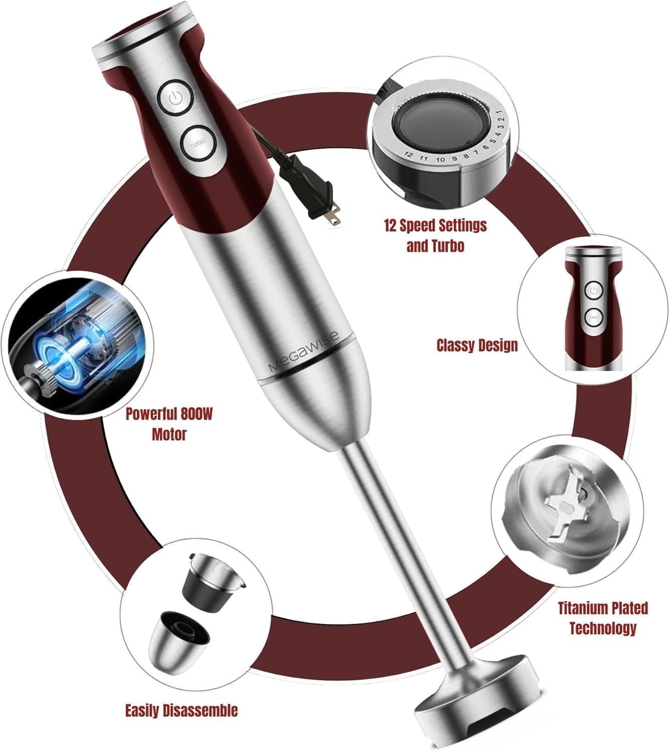 3-in-1 Immersion Hand blender, Powerful MOTOR & Stainless Steel Stick Blender, 4 Sharpe Blades with Whisk, Milk Frother Attachments