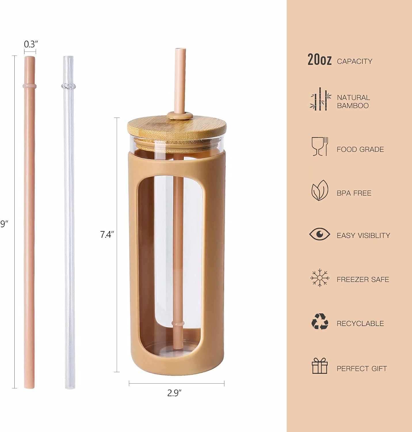 Kodrine 20oz Glass Water Tumbler with Straw and Lid, Bamboo Lids Water Bottle, Iced Coffee Cup Reusable, Wide Mouth Smoothie Cups with Protective Silicone Sleeve BPA FREE-Amber