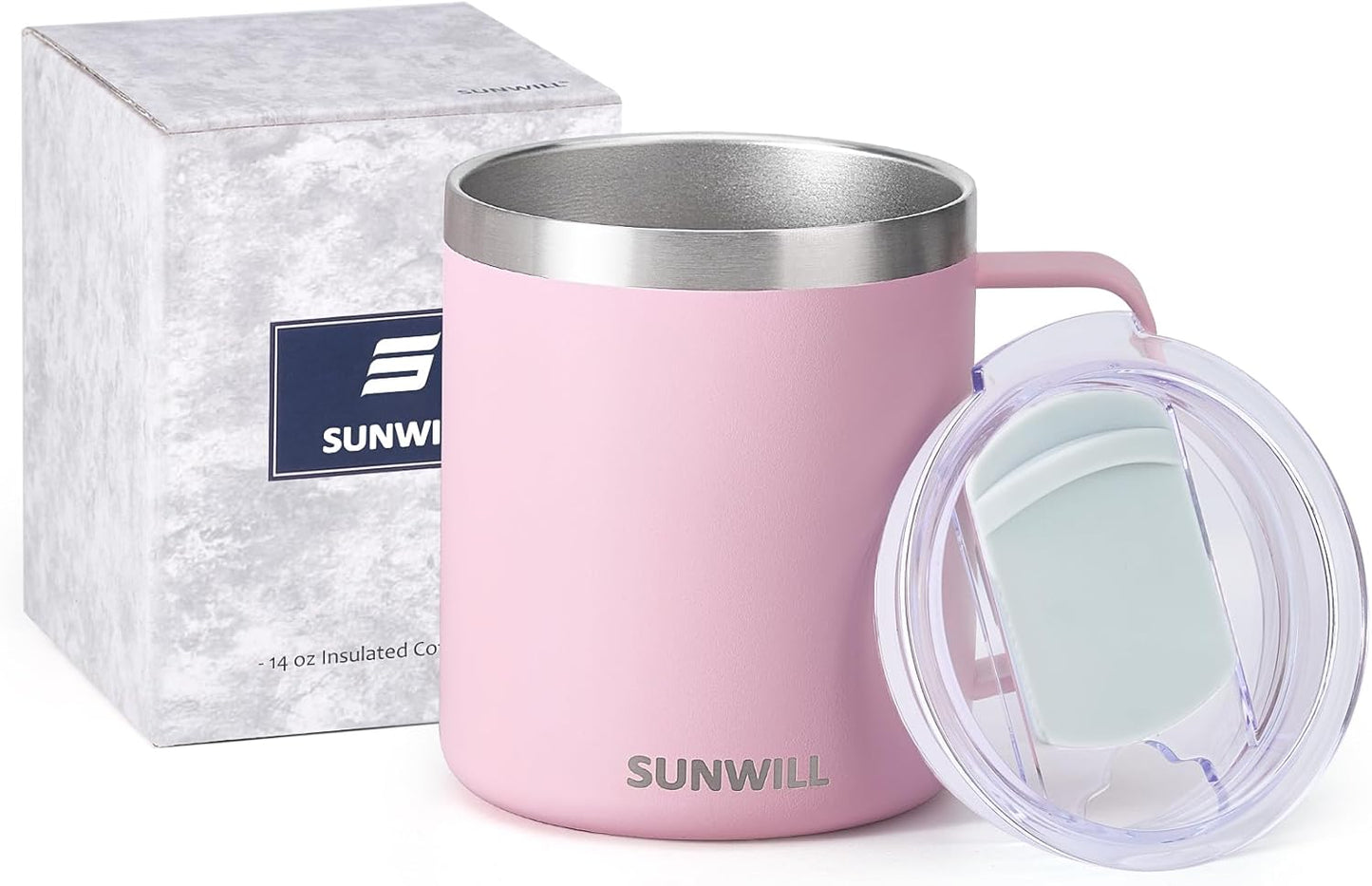 SUNWILL Insulated Coffee Mug with Lid, Travel Tumbler Reusable, 14 oz Stainless Steel Cup for Camping, Office, Home, Powder Coated Sakura