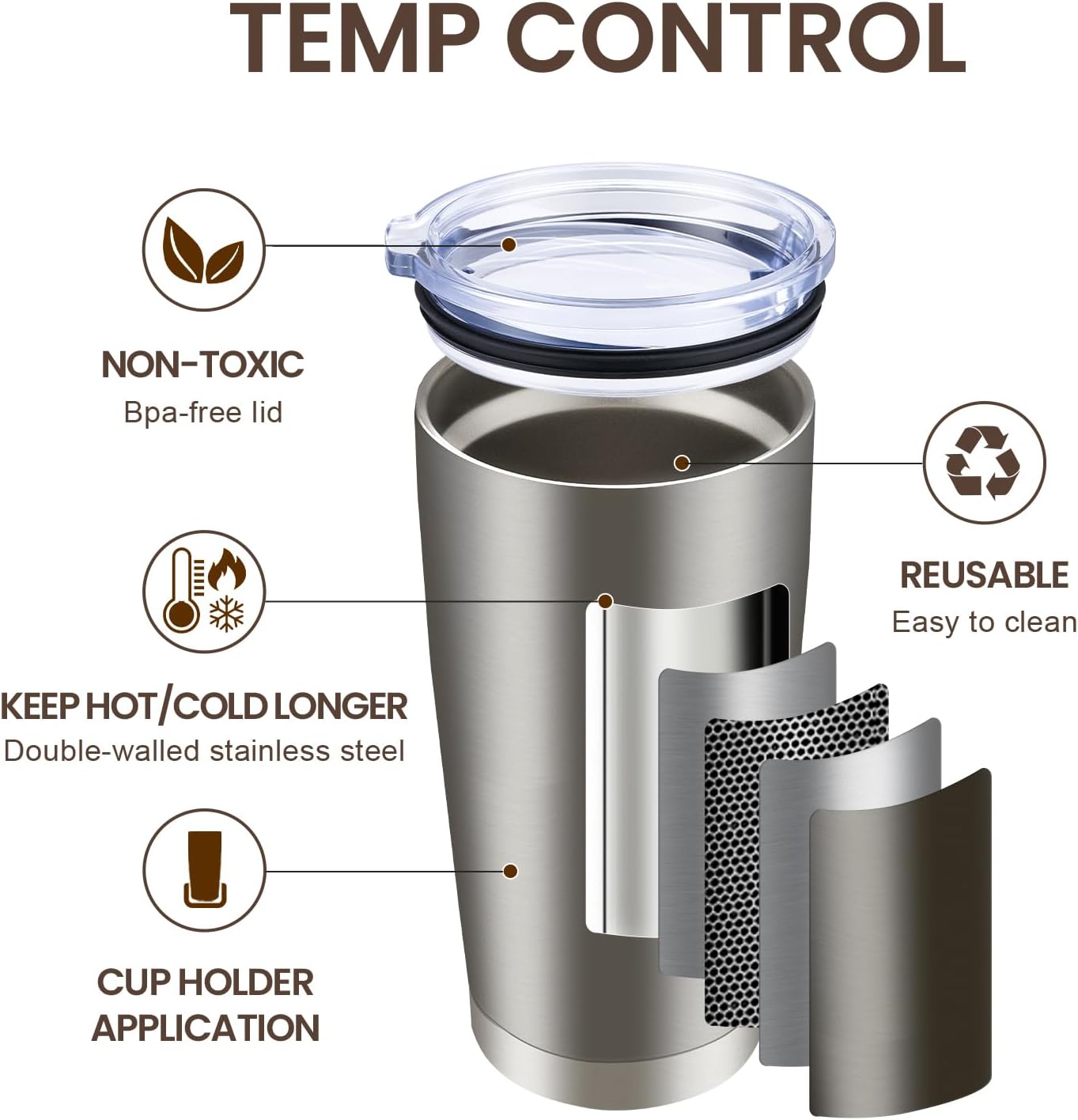 MEWAY 20oz Tumbler 8 Pack Double Wall Vacuum Insulated Travel Mug Bulk, Stainless Steel Tumblers with Lid and Straw, Durable Powder Coated Coffee Cups for Cold & Hot Drinks (Silver, 8)