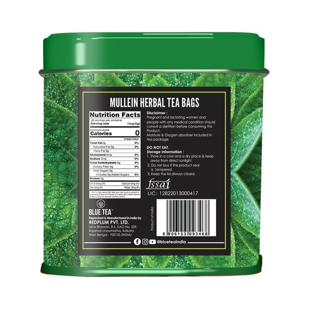 BLUE TEA - Mullein Tea - 30 Count - Pyramid Plant Based Tea Bag | LUNGS DETOX - FOR RESPIRATORY SUPPORT | Herbal Tea - Caffeine Free - Leaf Based - Non-Bitter - Vegan | Ziplock Pack