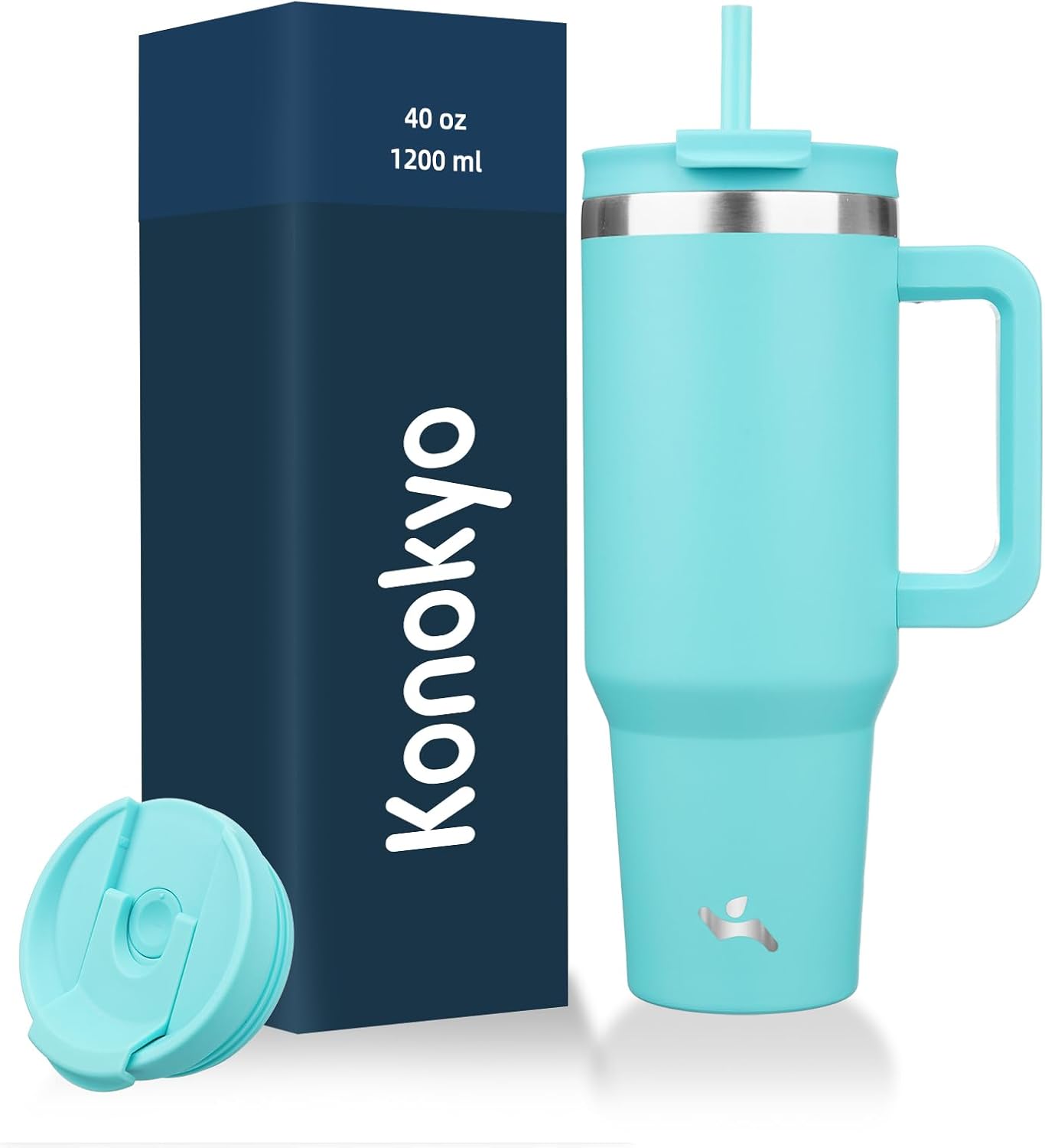 40 oz Tumbler with Handle and 2 Straws,2 in 1 Lid Insulated Water Bottle Stainless Steel Travel Coffee Mug,Turquoise