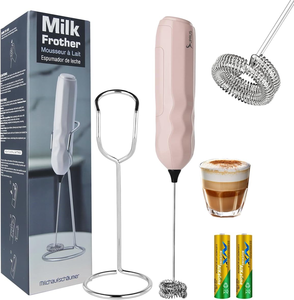 SUPRUS Ultra Fast Handheld Milk Frother Double Whisk with Stand 2 Batteries Stainless Steel for Lattes Cappuccino Matcha Hot Chocolate Coffee Bar Accessories Kitchen Gadgets Gift