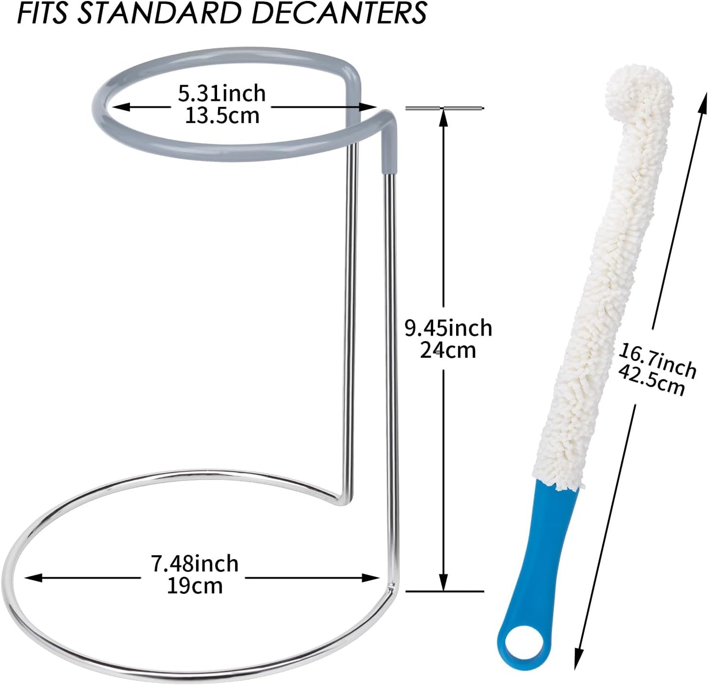 Wine Decanter Drying Stand with Rubber Coated Top to Prevent Scratches, Wine Decanter Drying Rack for Standard and Large Wine Decanters, Wine Decanter NOT Included, (with Cleaning Brush)