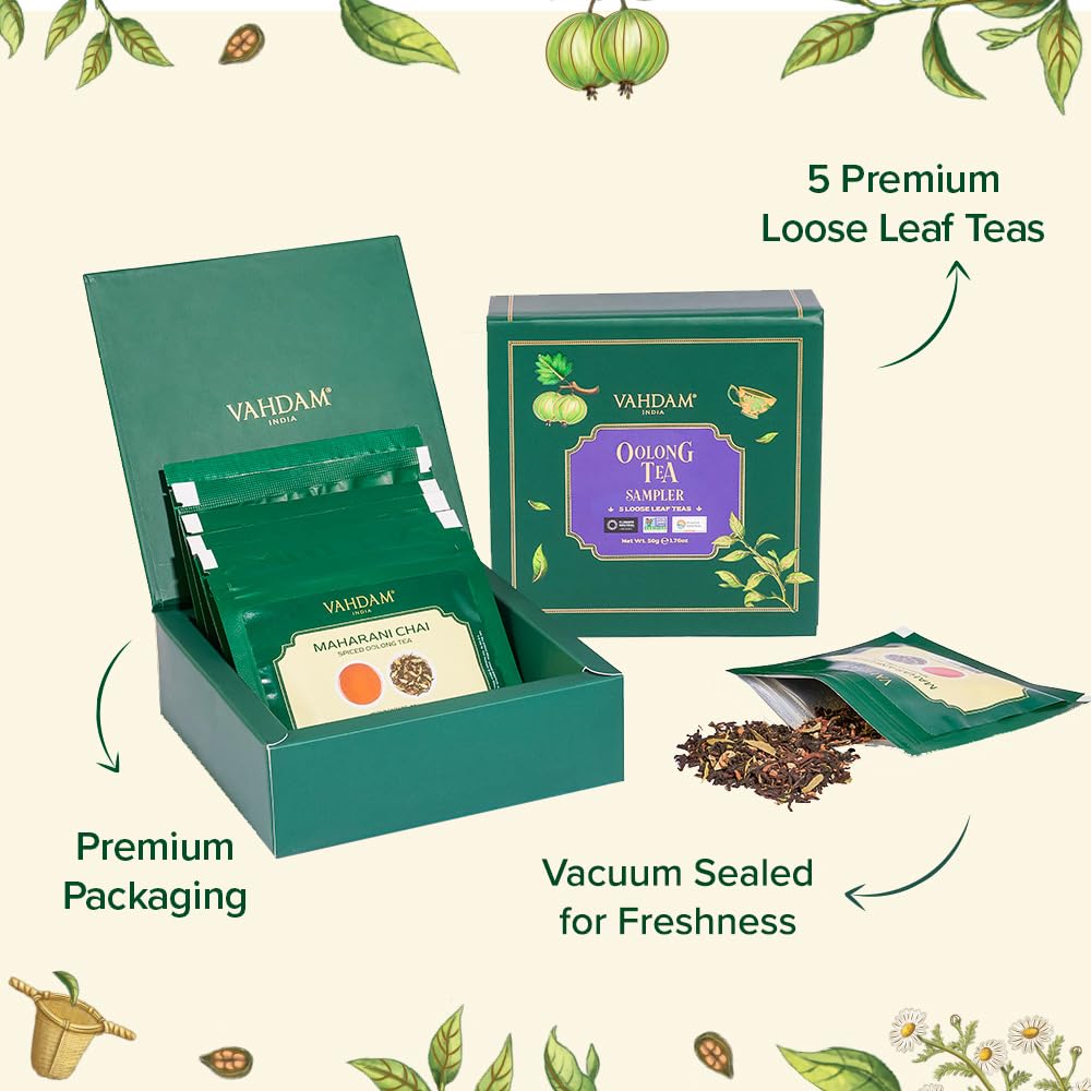 VAHDAM Assorted Oolong Tea Sampler Gift Set (5 Flavors) – Gluten-Free, Non-GMO | 5 Unblended Loose Leaf Teas | Tea Variety Pack | Gift for Women & Men