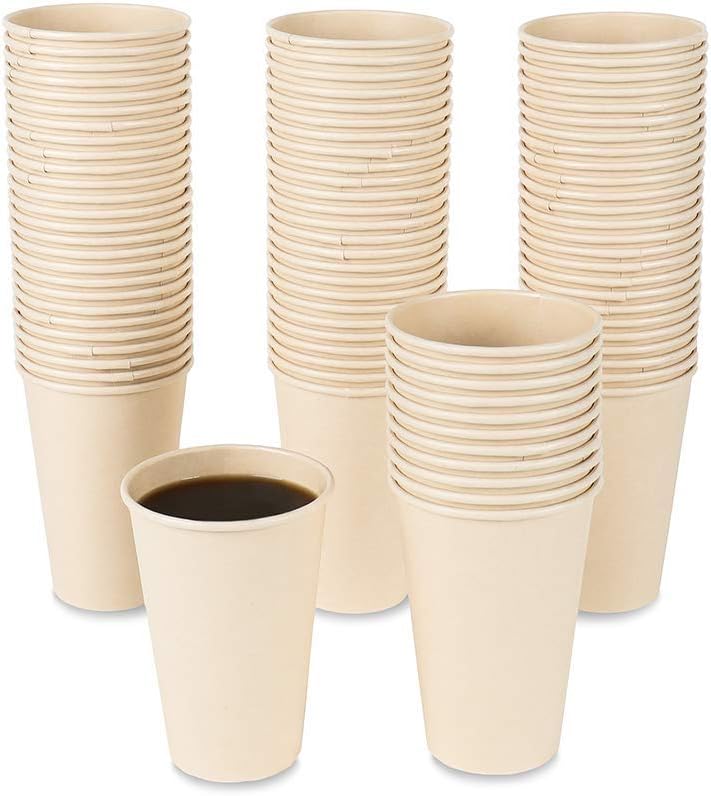 100 Count 12 oz Plant Fiber Disposable Light Brown Paper Coffee Cups, Perfect for Hot Drink, Hot Coffee, Hot Cocoa, Hot Tea, 12oz Water cups