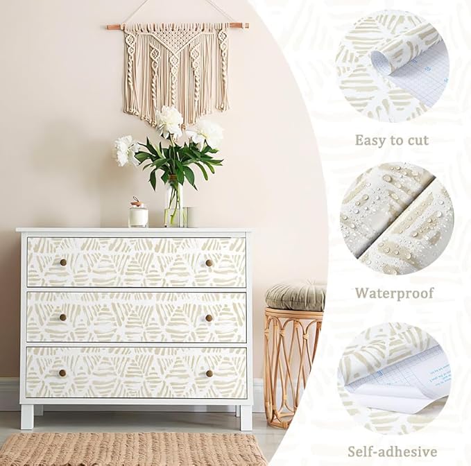 Peel and Stick Wallpaper Boho Wallpaper 17.3" x 393" Geometric Beige and White - Image 4