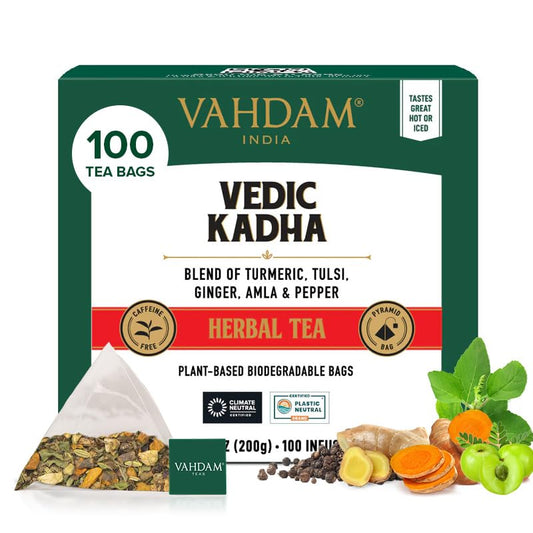 VAHDAM, Vedic Kadha Herbal Tea Bags (100 Ct) Caffeine Free, 100% Real Ingredients - Turmeric, Black Pepper, Amla, Tulsi, Ginger, Cloves | Pure Herbal Tisane - Earthy, Savory | Resealable Ziplock Pouch