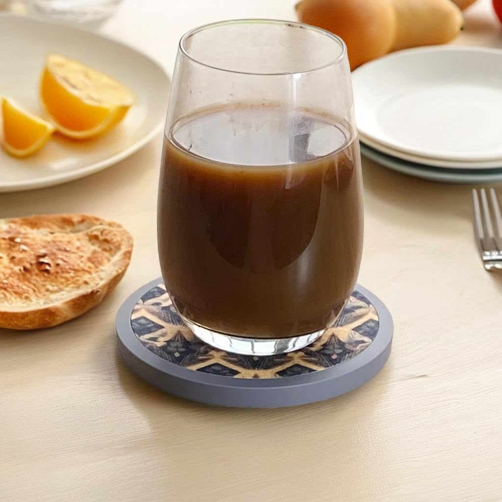 Absorbent Coasters for Drinks with Holder - 6packs, Silicone Coaster with Soft Felt Insert (4.3 inch Coasters with 4.5 inch Holder, Dual-Sided Ears of Wheat Artistry)