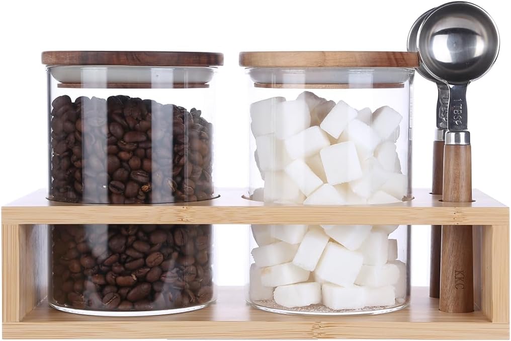 KKC HOME ACCENTS Vacuum Sealed Sugar Coffee Container set with Spoon for Countertop,Glass Sealed Jar Canisters with Wood Lids for Loose Leaf Tea,Sugar,Salt,25 Fluid-oz
