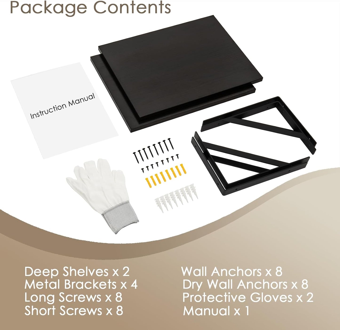 DINZI LVJ Deep Floating Shelves, 16" W x 12" D Wall Shelves Set of 2, Wide Display Shelf Mounted with Brackets, Easy-to-Install Wall Bookshelf for Living Room, Bathroom, Bedroom, Espresso