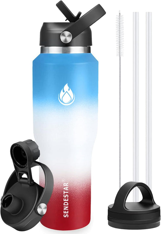 SENDESTAR 40oz Water Bottle Wide Mouth Stainless Steel Vacuum Insulated Double Wall with 2 Straw Lids Fit in Any Car Cup Holder
