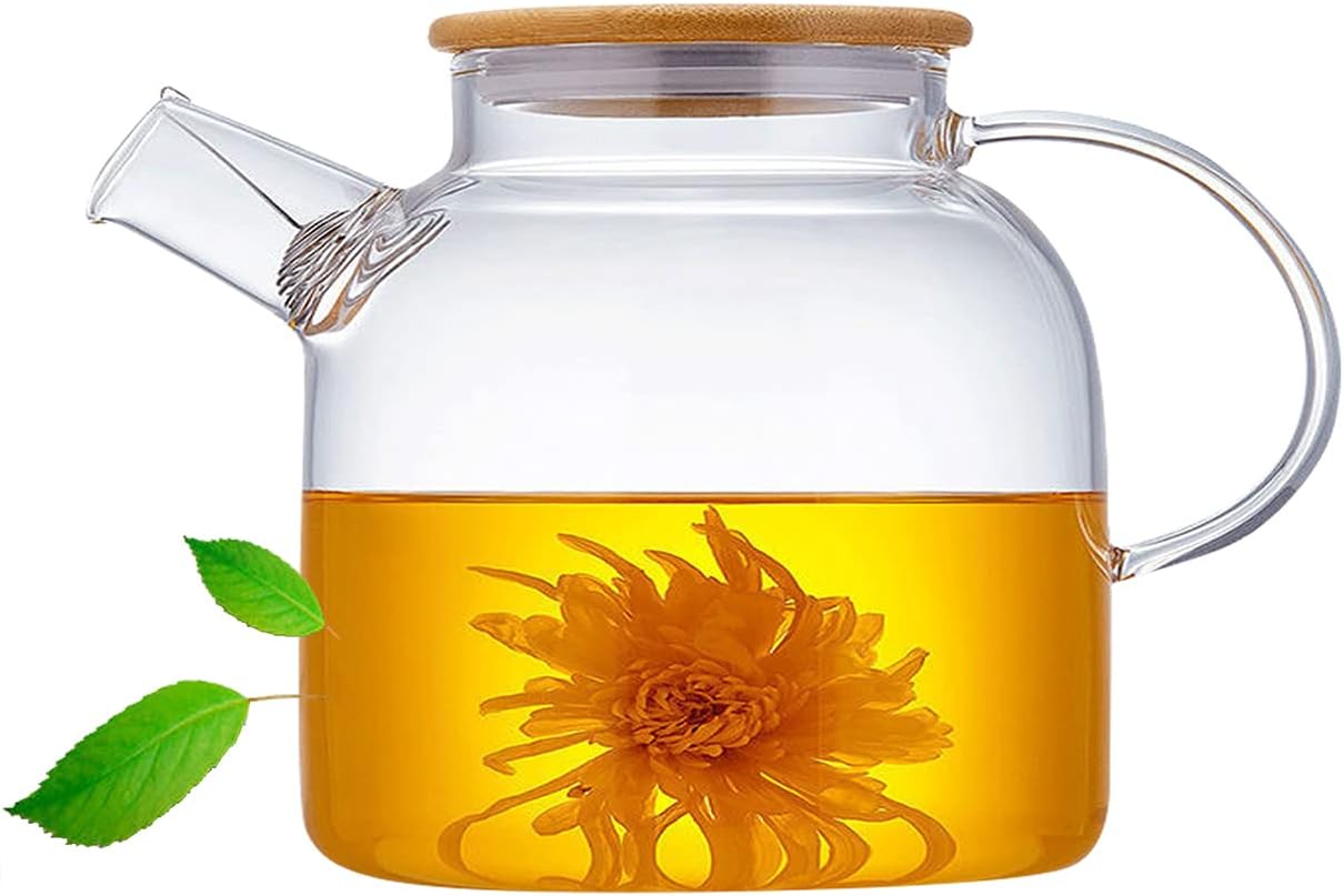 Glass Teapot 50.7oz/1500ml, Stovetop & Microwave Safe Borosilicate Tea Pot,Clear Teapot with Strainer, Glass Tea Kettle with Wooden Lid for Loose Leaf、Fruit Tea and Fragrant Tea