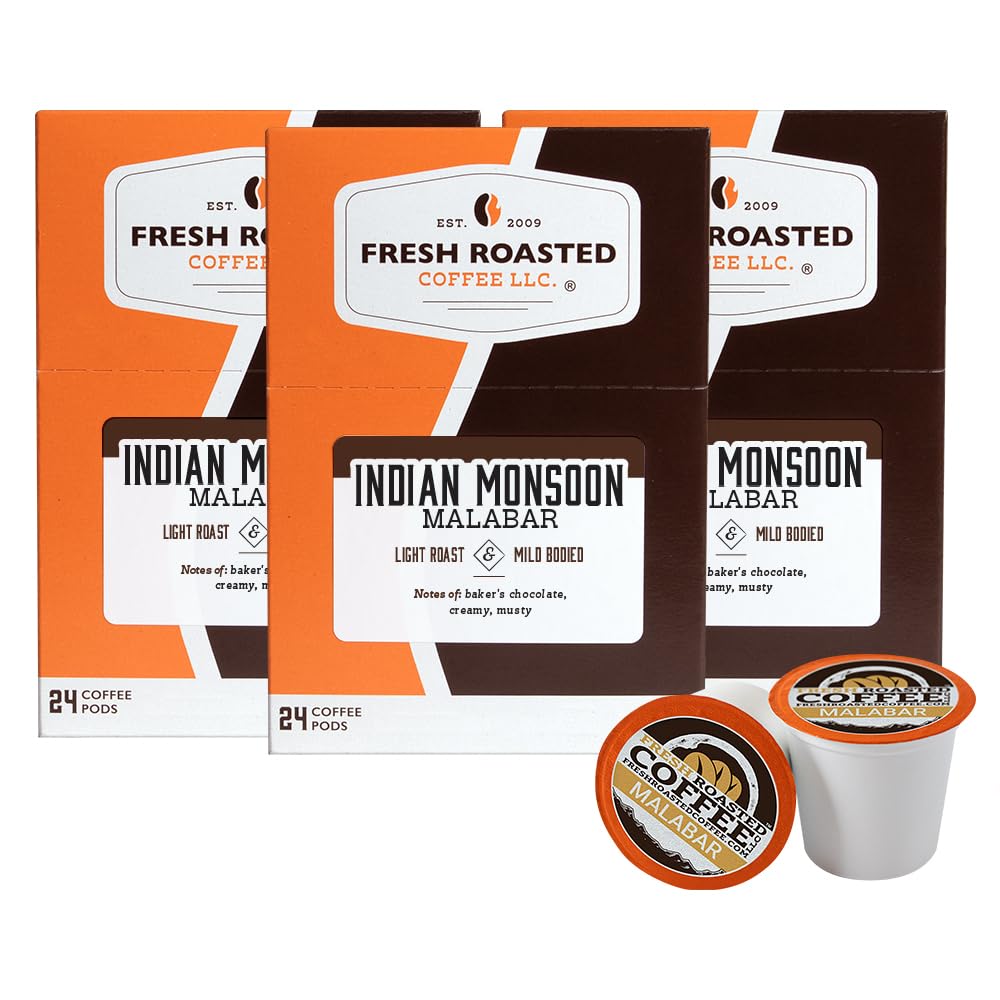Fresh Roasted Coffee, Indian Monsoon Malabar, Light Roast, 72 Pods for K Cup Brewers