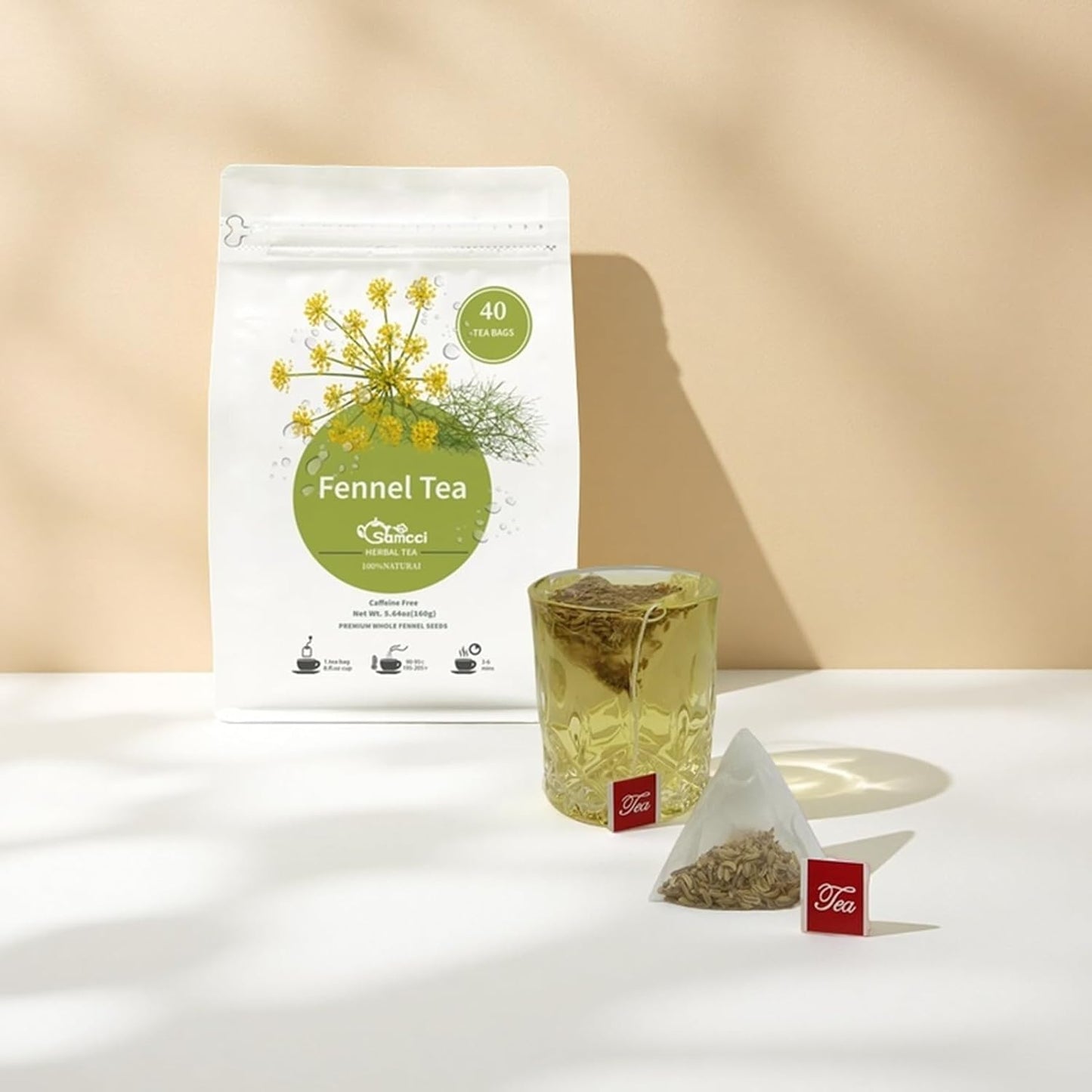 Samcci - Fennel Tea,4g×40 Teabags,100% Natural & Pure Fennel Seeds Herbal Tea - Non-GMO - Caffeine-free - Helps Improve Digestion & Immune System