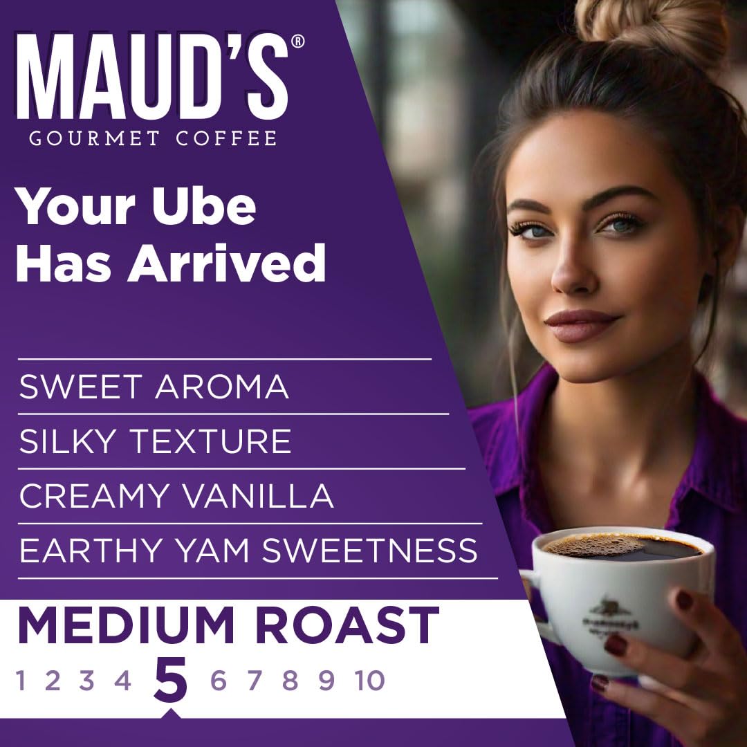 Maud's Vanilla Ube Flavored Coffee Pods, 18 ct, Medium Roast Flavored Coffee in Recyclable Single Serve Pods – 100% Arabica Beans, Compatible with Keurig K Cups Maker