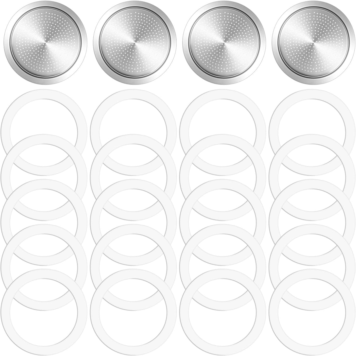 20PCS Silicone Gaskets Seal Ring with 4 PCS Stainless Steel Filter Basket Includes，Spare Food Grade Silicone Sealing Rings for Aluminium Stovetop Coffee Maker Pots -6Cup