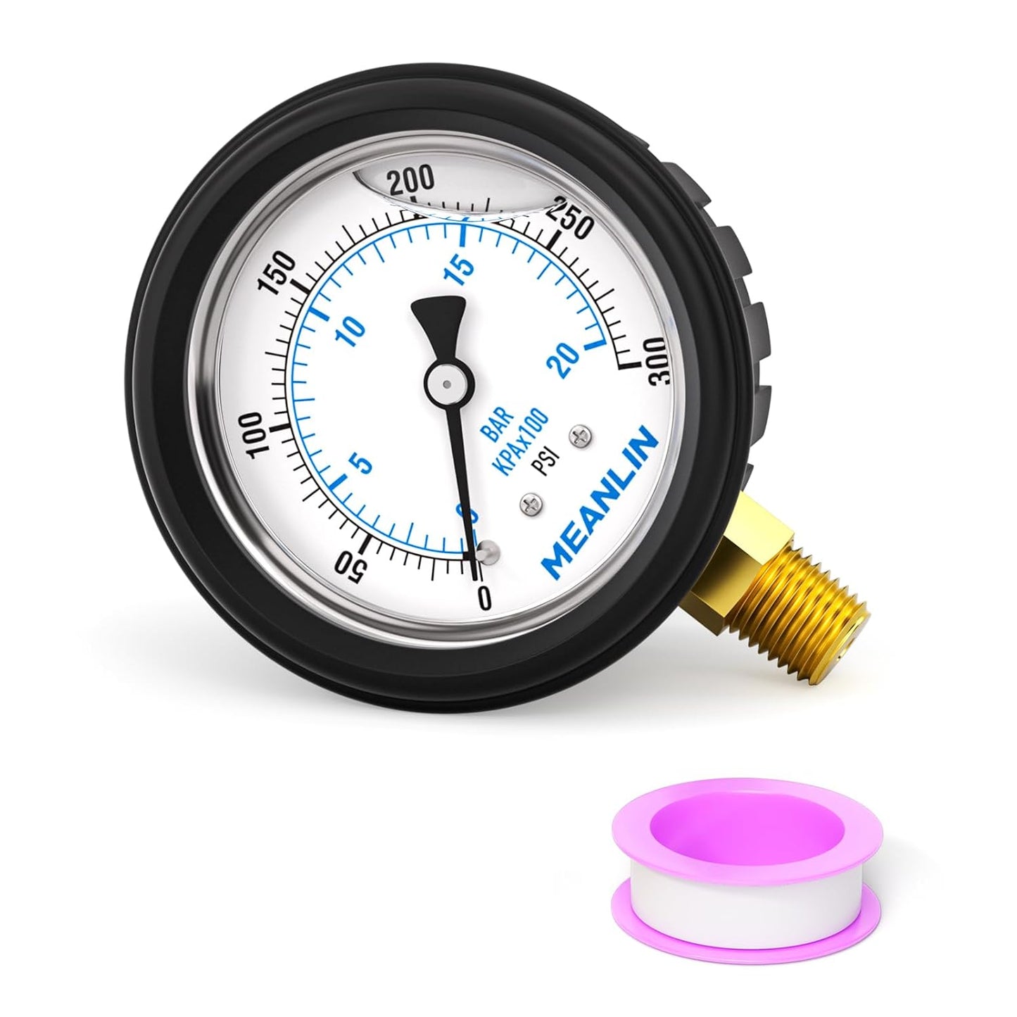 MEANLIN MEASURE 0~300Psi Stainless Steel Liquid Filled Pressure Gauge 1/4" NPT 2.5" FACE DIAL with Rubber Protective Sleeve, Lower Mount