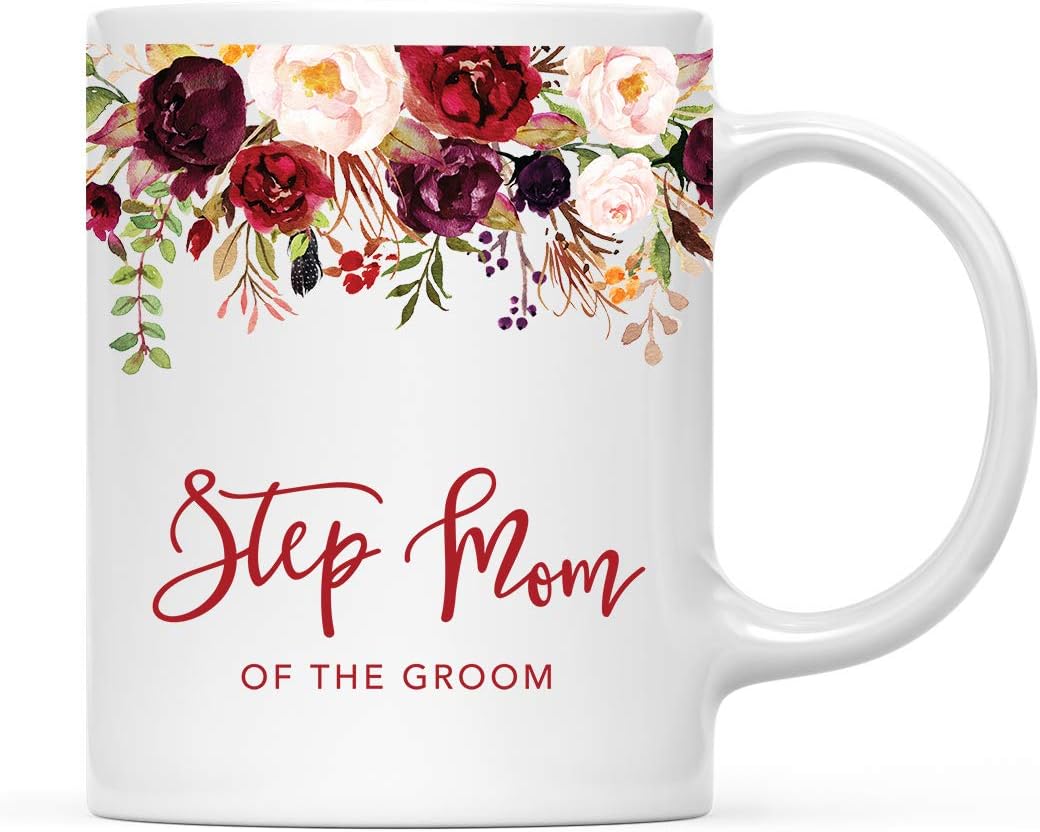 Andaz Press 11oz. Wedding Ceramic Coffee Tea Mug Gift, Fall Autumn Marsala Burgundy Flowers Roses Florals, Step Mom of the Groom, 1-Pack, Includes Gift Box
